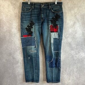 Lauren Ralph Lauren Patchwork Jeans Womens 12P Blue Lace Plaid Embellished Denim